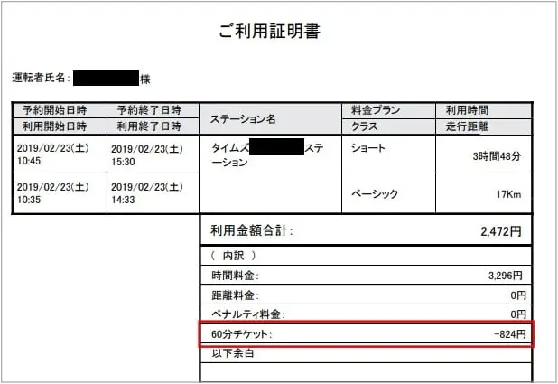 タイムズカーシェア明細eチケット利用